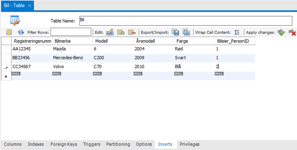 Skjermbilde fra programmet MySQL Workbench.