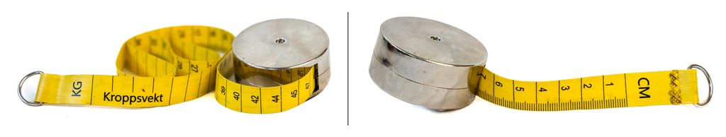 To bilder av måleband hvor den ene sida viser kilo kroppsvekt og den andre sida viser centimeter. Foto.