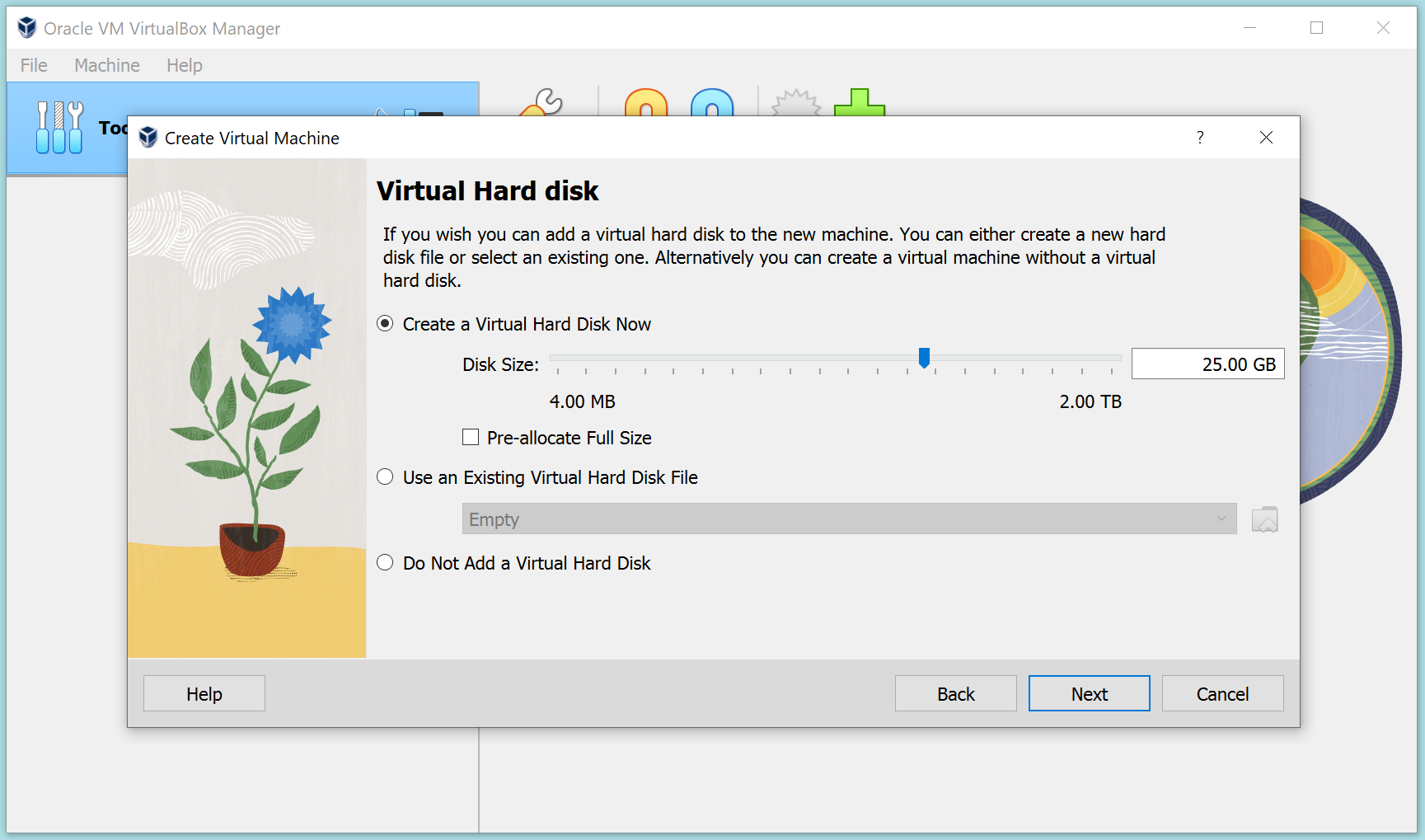 Skjermbilde fra programmet VirtualBox som viser et veiledervindu med radioknapper for valg knyttet til virtuell harddisk.