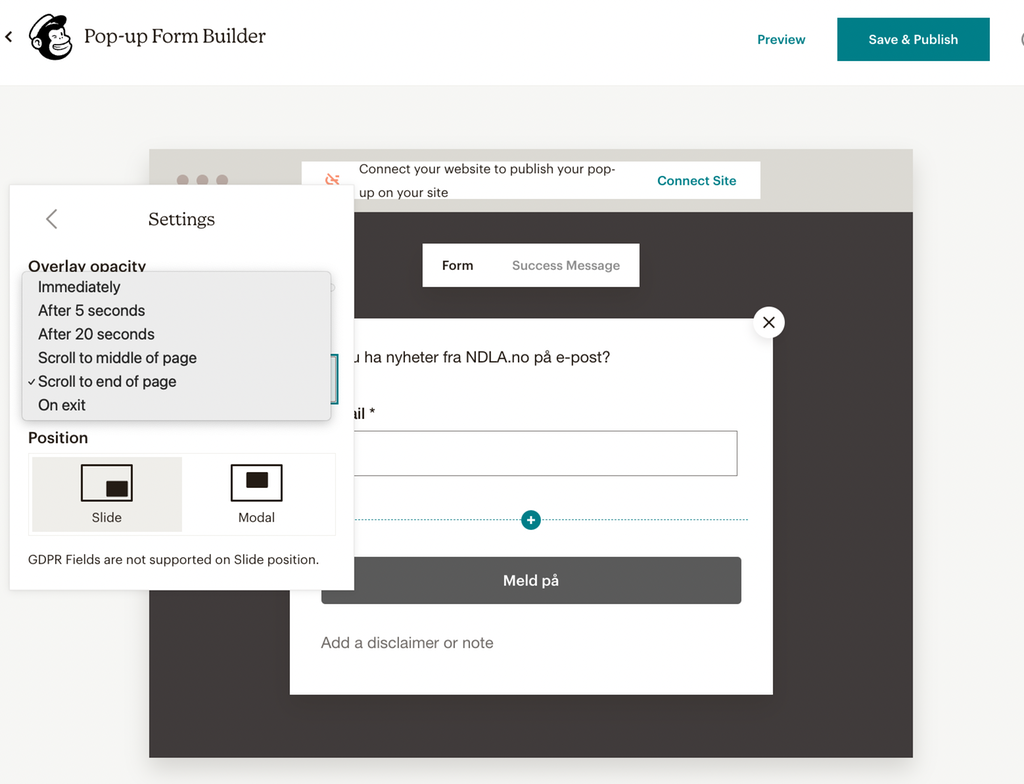 Ulike innstillinger for visningen av en dialogboks på et nettsted. Skjermbilde.