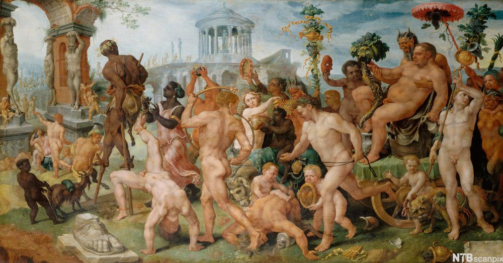 Nakne mennesker og mytologiske skapninger på en gressplen med en hvit bygning med søyler i bakgrunnen. Maleri.