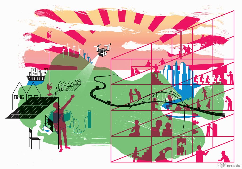 Hus, grønt felt, person som viser til en soloppgang. En gjennomsiktig byggning i flere etasjer. Illustrasjon.