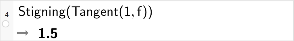 Skjermutklipp av CAS-utrekning med GeoGebra. På linje 4 er det skrive Stigning parentes Tangent parentes 1 komma, f parentes slutt parentes slutt. Svaret er 1,5.