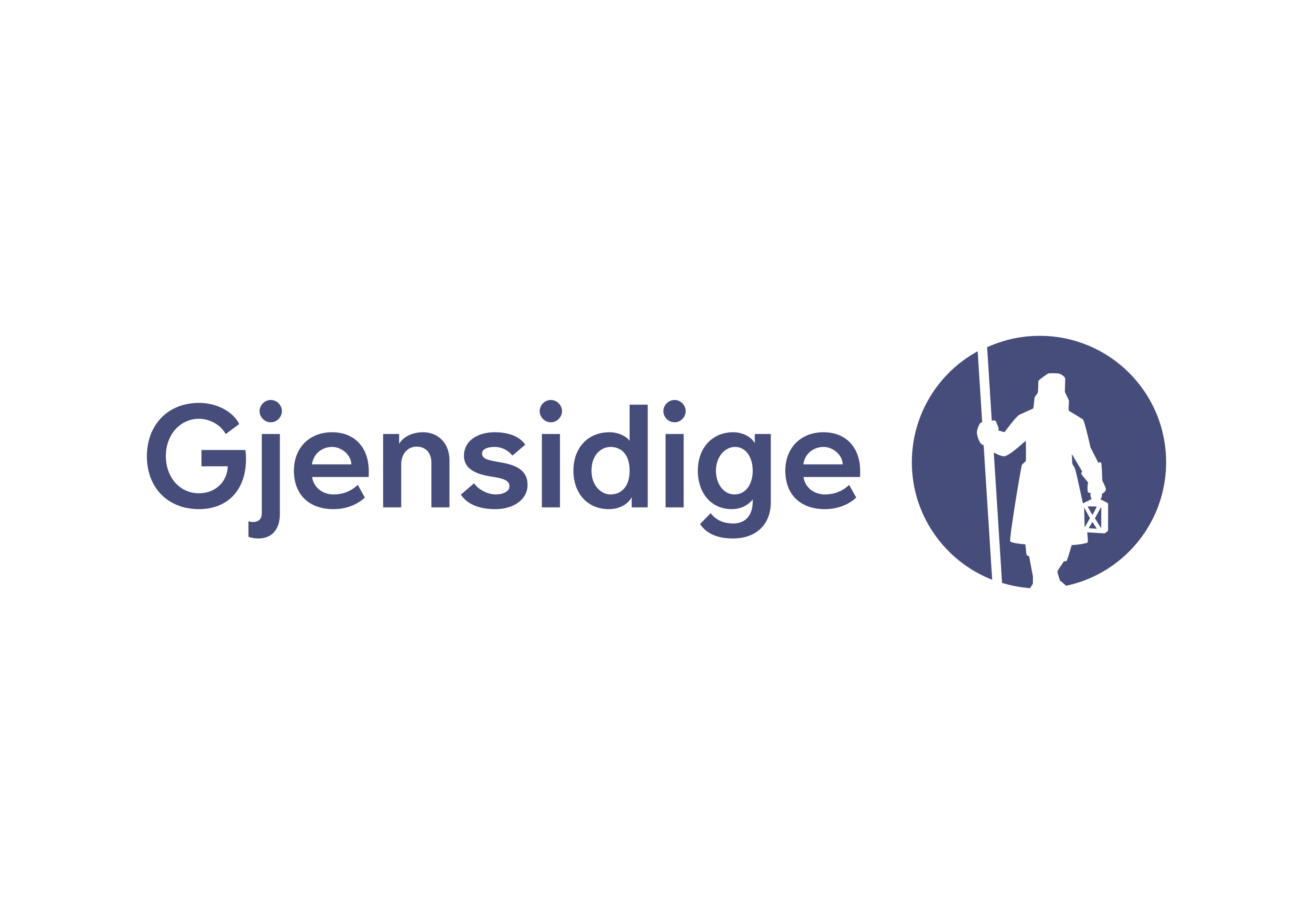 Logoen til Gjensidige. Teksten Gjensidige til venstre og silhuetten av en gammeldags vekter med stokk og lampe i hånda i en sirkel til høyre. Illustrasjon.