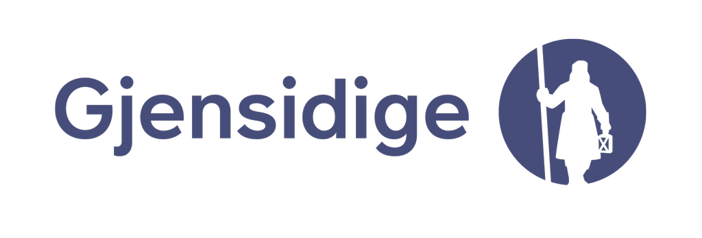 Logoen til Gjensidige. Teksten Gjensidige til venstre og silhuetten av en gammeldags vekter med stokk og lampe i hånda i en sirkel til høyre. Illustrasjon.