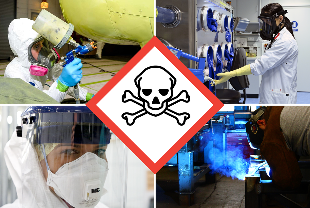 Kollasj av fire bilder med et piktogram i midten. Piktogrammet på hvit bakgrunn med rød ramme rundt inneholder en hodeskalle over to bein i kors. De fire bildene er av personer i ulike arbeidssituasjoner som krever verneutstyr. To av dem er i et laboratorium. En holder på med å sveise, og en holder på med å lakkere. Foto.