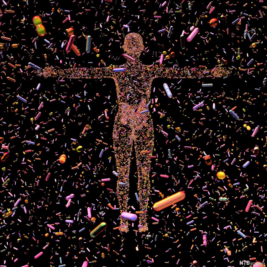 Kontur av en person som står med armene utstrakt i en sverm av mikroorganismer. Konseptuell illustrasjon. 