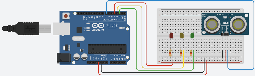 Koplingsskjema for en avstandssensor. Apparatet består av en Arduino, et koplingsbrett, en ultralydsensor, tre dioder, tre motstander og diverse koplingsledninger. På skjemaet er Arduinoen plassert til venstre, mens koplingsbrettet med komponentene er plassert til høyre. Det er tegna inn nødvendige ledninger mellom Arduinoen og koplingsbrettet.