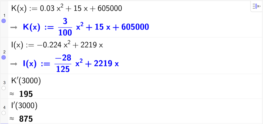 På linje 1 i CAS-vinduet i GeoGebra er K av x definert som 0,03 x i andre pluss 15 x pluss 605000. På linje 2 er I av x definert som minus 0,224 x i andre pluss 2219 x. På linje 3 er K derivert av 3000 regnet ut med tilnærming til 195. På linje 4 er I derivert av 3000 regnet ut med tilnærming til 875. Skjermutklipp.