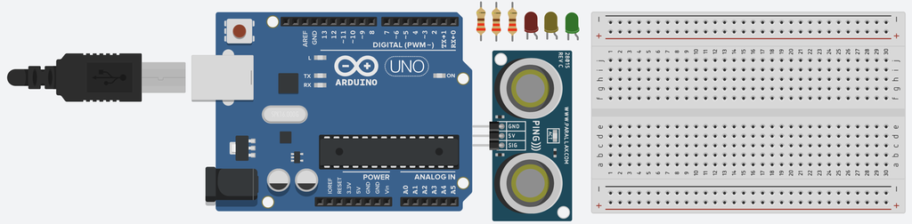 En Arduino mikrokontroller, et koplingsbrett, en ultralydenhet, tre dioder og tre motstander. Tegning.
