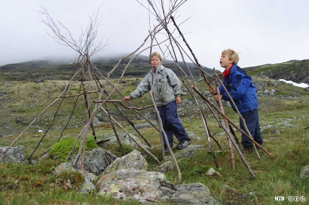 To gutter som setter opp greiner til to lavvoer. Foto. 