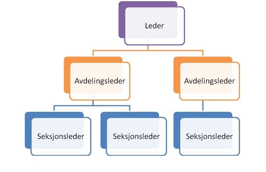 Organisasjonskart med tre nivåer der ulike roller er koplet sammen med streker. Leder er plassert øverst i kartet. To avdelingsledere er på nivå to, og tre seksjonsledere er nederst. To av seksjonslederne er koplet til den ene avdelingslederen, mens den tredje seksjonslederen er koplet til den andre avdelingslederen. Illustrasjon.