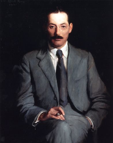 A painting of Edwin Arlington Robinson. He's wearing a grey suit and a tie. He's looking straight at the painter with a serious look on his face and he's holding a cigar in his hand.  