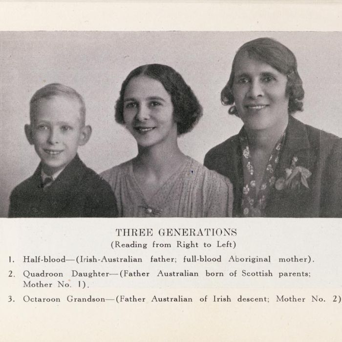 Photo and text from a book: the text reads: 'THREE GENERATIONS (Reading from Right to Left) 1. Half-blood (Irish-Australian father, full-blood Aboriginal mother). 2. Quadroon Daughter (Father Australian born of Scottish parents: Mother No.1. 3. Octaroon Grandson (Father Australian of Irish descent; Mother No. 2)'