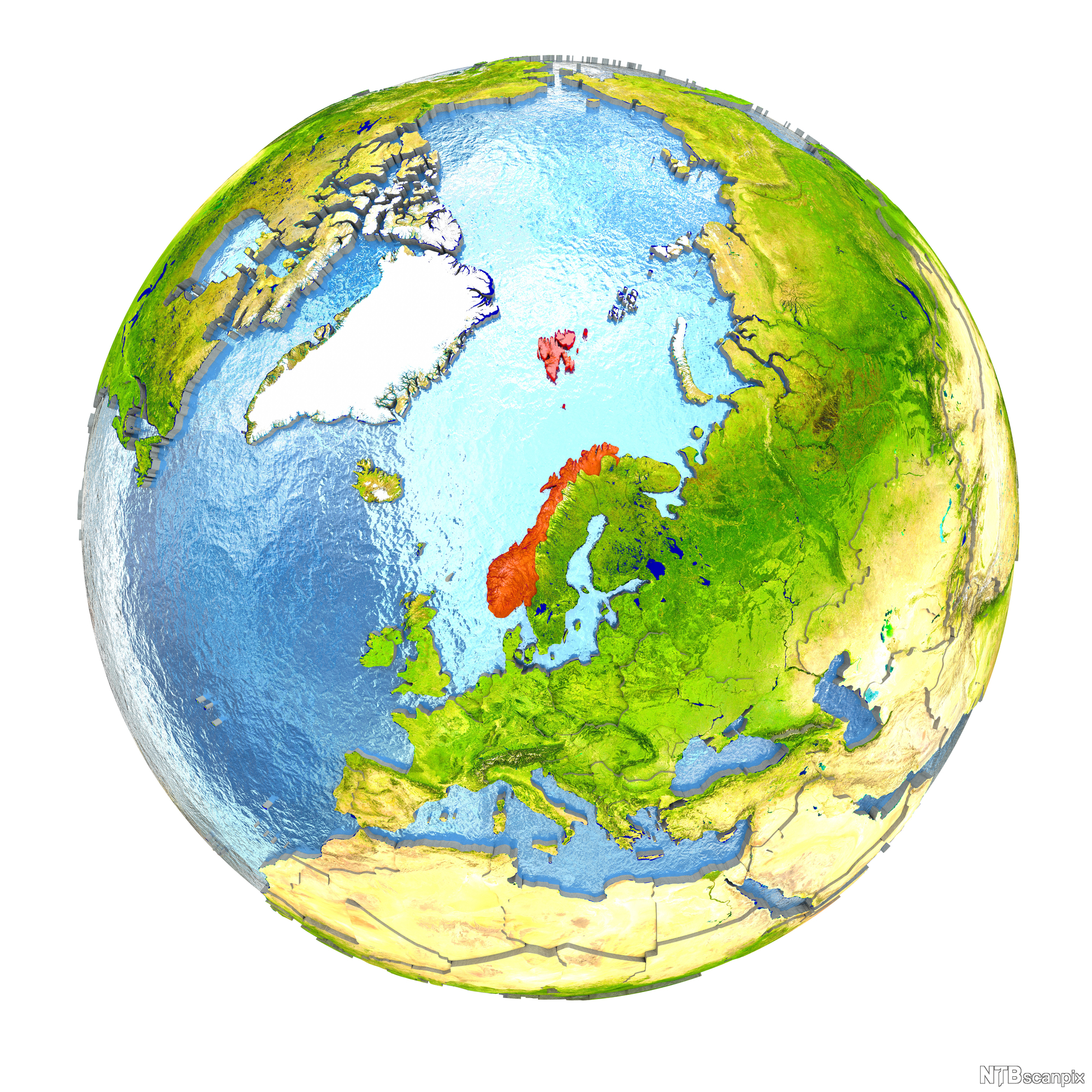 Jordkloden med Norge i rødt. Illustrasjon.