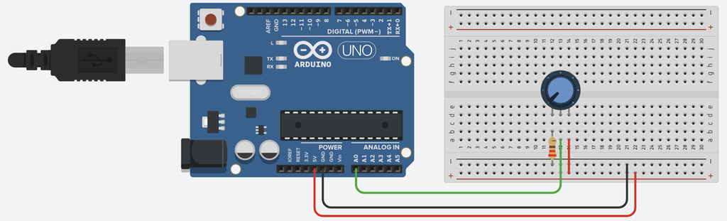 En Arduino UNO-mikroprosessor som er kopla til et koplingsbrett med tre ledninger. På brettet er det montert et potensiometer og en resistor. Skjermutklipp.