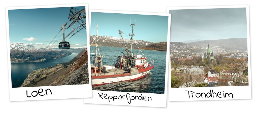 Tre bilder som viser en gondol i lufta, en fiskebåt på fjorden og Nidarosdomen med bygninger og trær i forgrunnen. Bildene er merket med henholdsvis Loen, Repparfjorden og Trondheim. Foto.