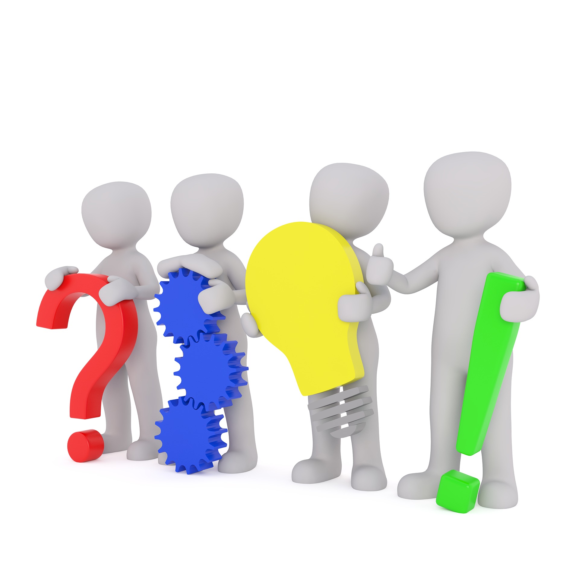 Illustration: We see a person holding a question marks followed by a person holding interlocking cogwheels, we see a person holding a light bulb followed by an exclamation mark. 