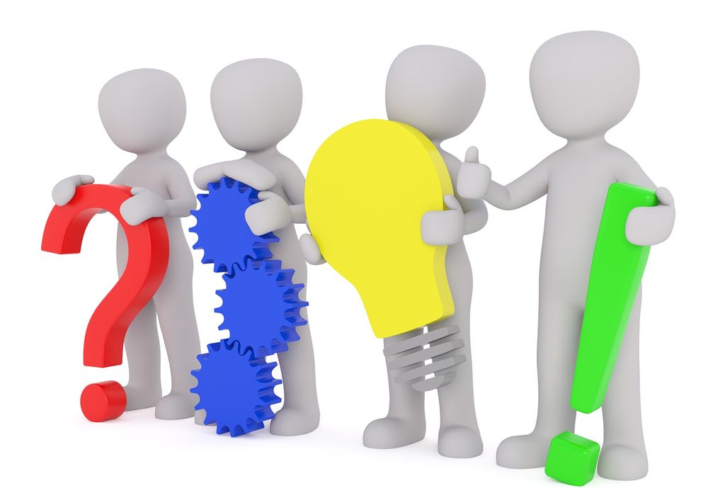 Illustration: We see a person holding a question marks followed by a person holding interlocking cogwheels, we see a person holding a light bulb followed by an exclamation mark.
