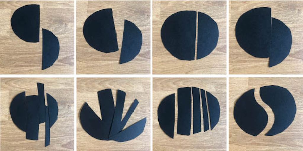 Åtte bilder av sirkler som er delt opp på ulike måter, og delene er forskjøvet i forhold til hverandre. Foto.