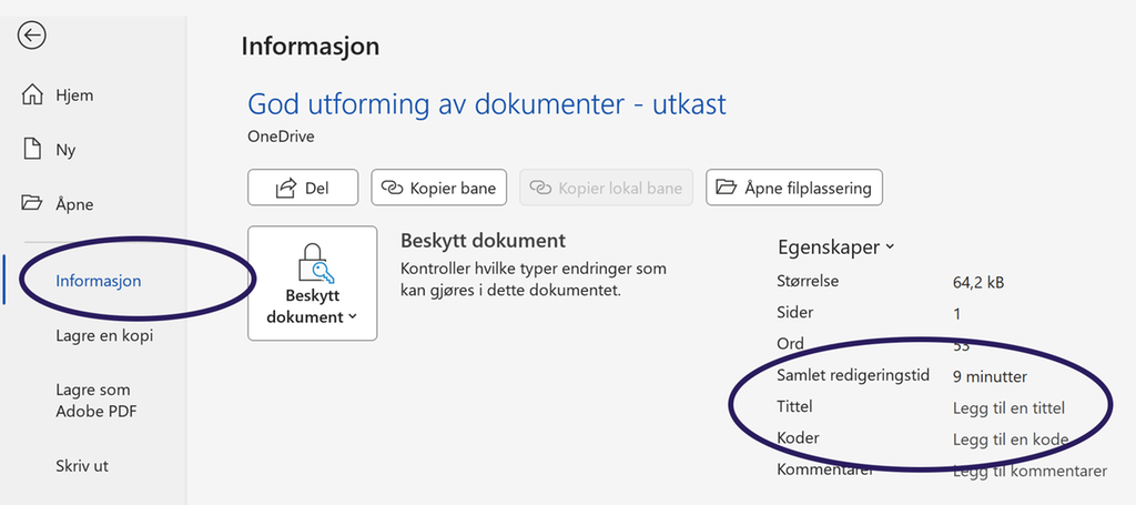 Skjermutklipp fra Word som viser at at det er et felt der vi kan sette inn tittel og andre egenskaper.
