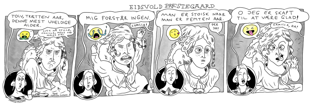 Teikneseriestripe som viser ung jente som ikkje klarer å sitje i ro når ho skal målast. Eldre kvinne i nedre biletkant kommenterer at ho er tolv-tretten år gammal. Illustrasjon. 