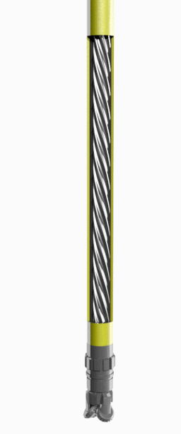 Animasjon som viser boremotoren som er montert i nedre del av borestrengen. Den roterer når det pumpes borevæske mellom akslingen og ytterveggen. Akslingen er koblet til borekronen og overfører rotasjonen. Illustrasjon.