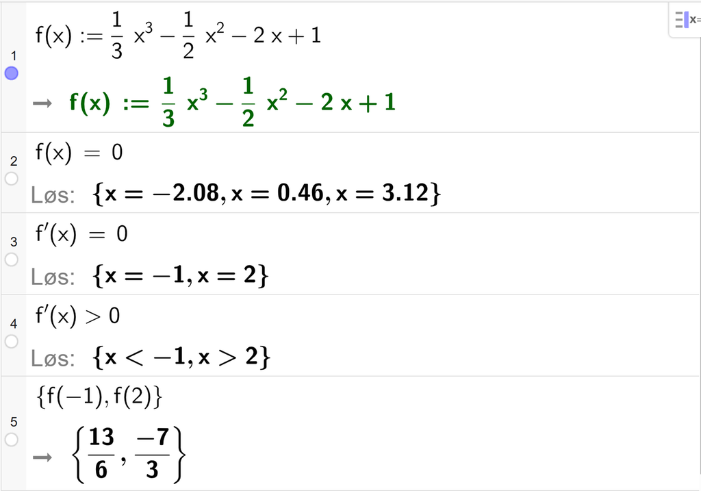På linje 1 i CAS-vinduet i GeoGebra er f av x definert som en tredjedels x i tredje minus en halv x i andre minus 2 x pluss 1. På linje 2 er f av x satt lik 0. Svaret med Løs er x er lik minus 2,08, x er lik 0,46 og x er lik 3,12. På linje 3 er f derivert av x satt lik 0. Svaret med Løs er x er lik minus 1 og x er lik 2. På linje 4 er det skrevet f derivert av x større enn 0. Svaret med Løs er x mindre enn minus 1 og x større enn 2. På linje 5 er det skrevet sløyfeparentes f av minus 1 komma, f av 2 sløyfeparentes slutt. Svaret er 13 seksdeler og minus 7 tredjedeler. Skjermutklipp.