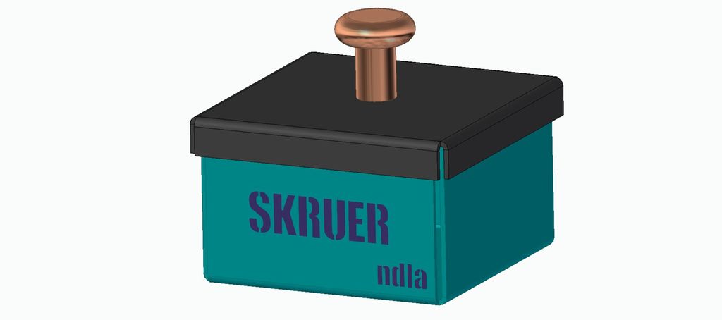 En blågrønn boks med svart lokk og kobberfarget knott på toppen. På siden av boksen står det «Skruer» og «NDLA». Illustrasjon.