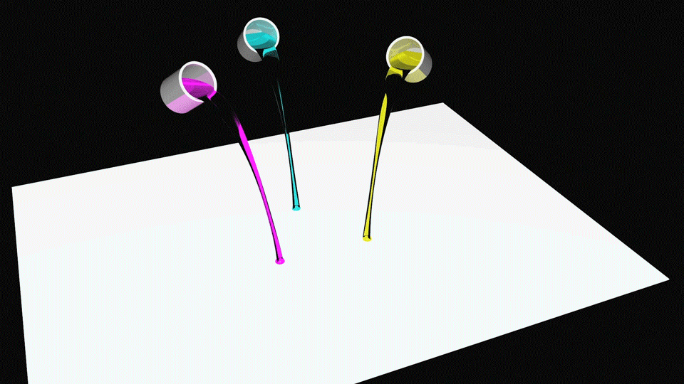 Tre beholdere med de tre primærfargene i CMYK tømmes, blandes og gir svart farge. Animasjon.