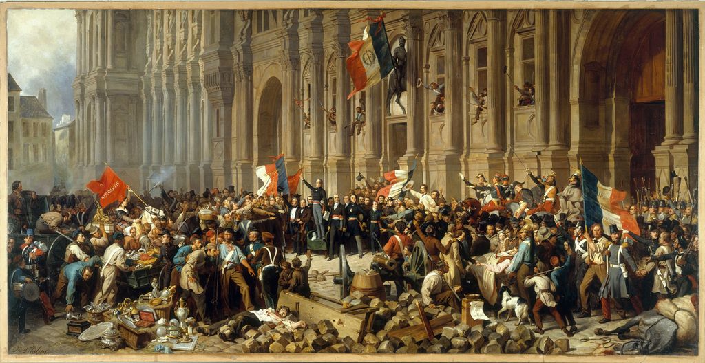 Maleriet "Den franske revolusjon av 1848". Det viser en kaotisk scene foran rådhuset i Paris der en person står og taler mellom franske flagg, revolusjonære i uniformer, soldater i uniformer og også enklere kledde mennesker. Noen er skadde. Det ligger løs brostein rundt omkring. 