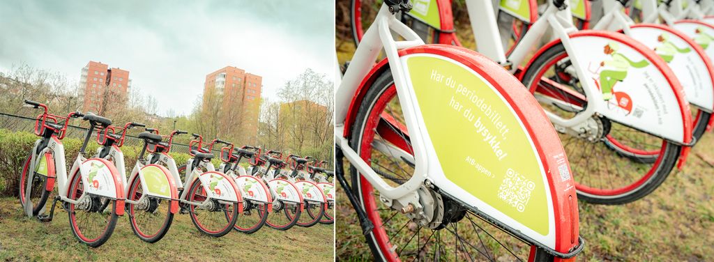 To bilete. Det eine viser bysyklar på rekke, det andre viser eit nærbilete av dei same sykkelhjula. På hjulet nærmast kameraet står det "Har du periodebillett, har du bysykkel" ved sida av ein QR-kode. Foto.
