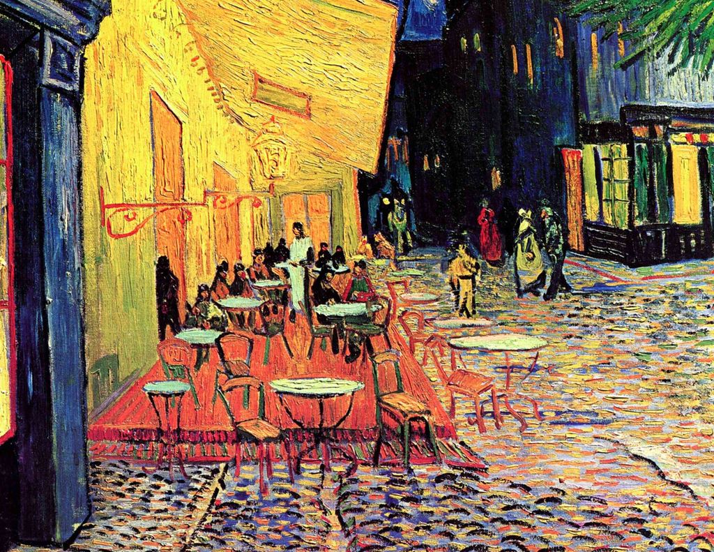 Painting: We see a street at night. The terrace of a café is bathed in light. There are round tables. The sky above the street is full of stars.