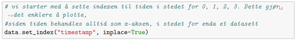 Skjermbilde av prompt til en Python-kode. Prompten opplyser at det er best å la tid være kopla til x-aksen fordi plottinga da blir enklere.