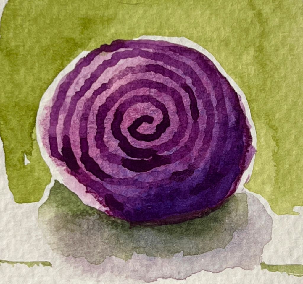 Detalj av akvarell der en spiral har en tydelig avgrenset malingsstrek. Foto.