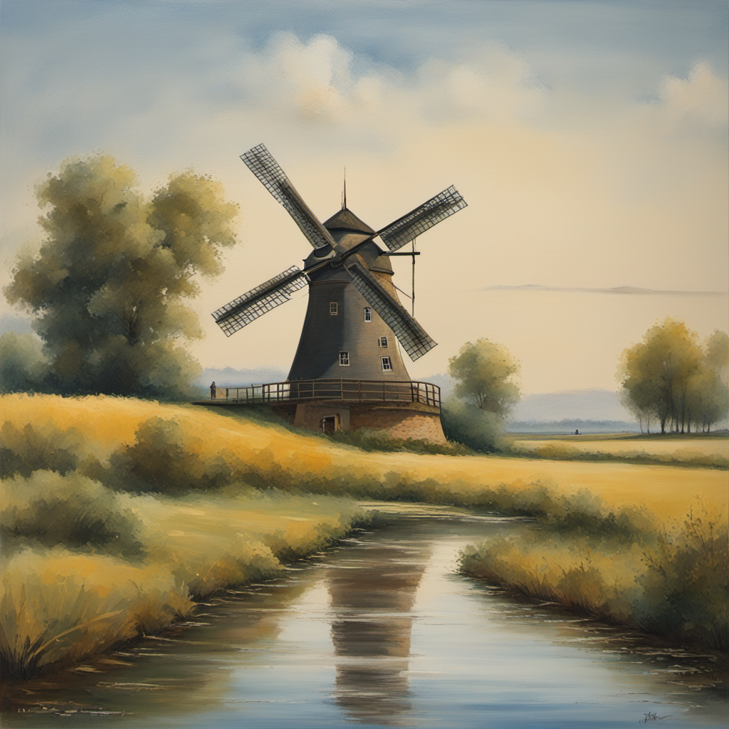 Tilsynelatende et maleri som viser ei gammeldags vindmølle, noen løvtrær og ei stilleflytende elv. KI-illustrasjon.