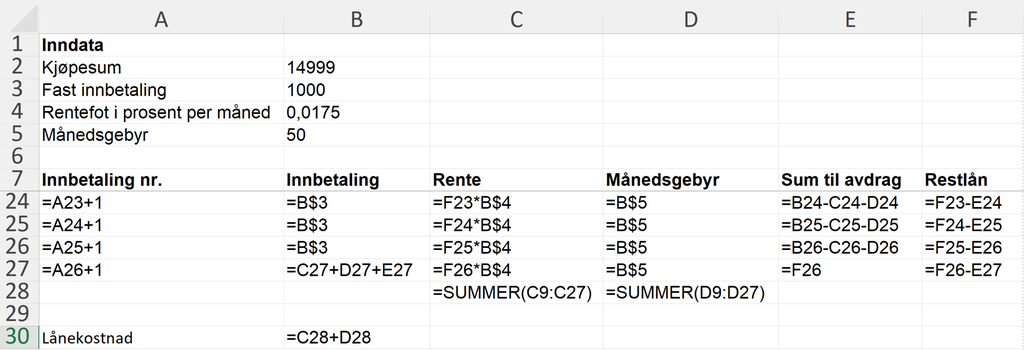 Eksempel på hvordan formelvisningen av regnearket til oppgave 1 d) kan se ut. Regnearket finnes i sin helhet i løsningsfila, som er lagt ved lenger ned på siden. Skjermutklipp.