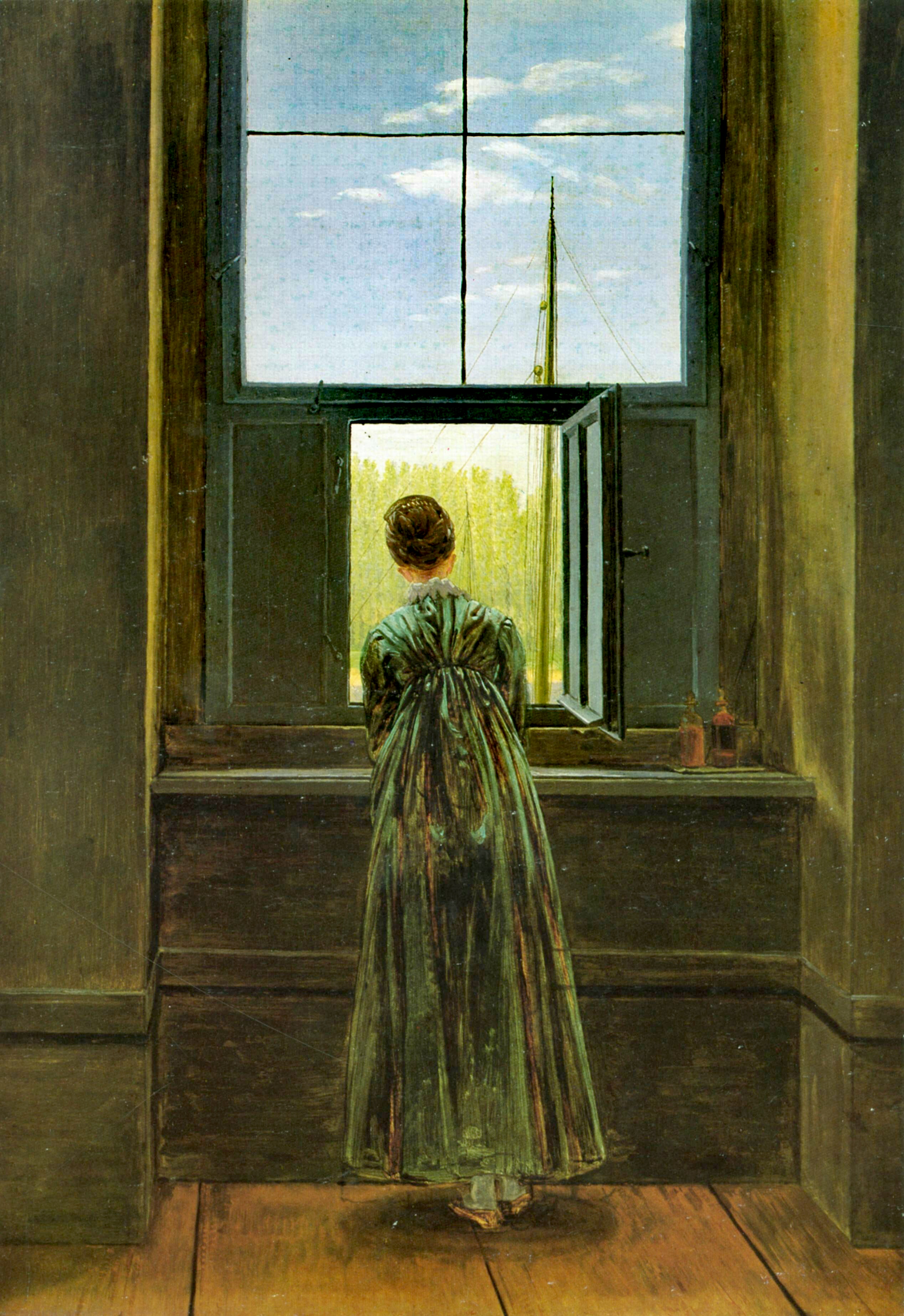Woman in a long, green dress looks out of a window. Painting.