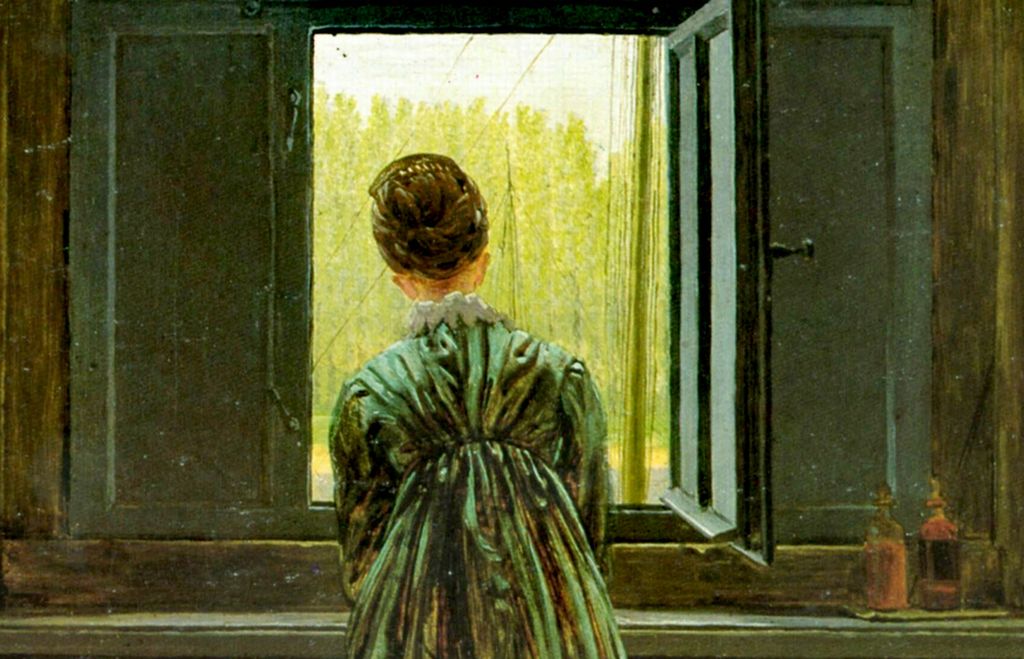 Woman in a long, green dress looks out of a window. Painting.