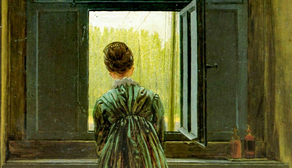 Woman in a long, green dress looks out of a window. Painting.