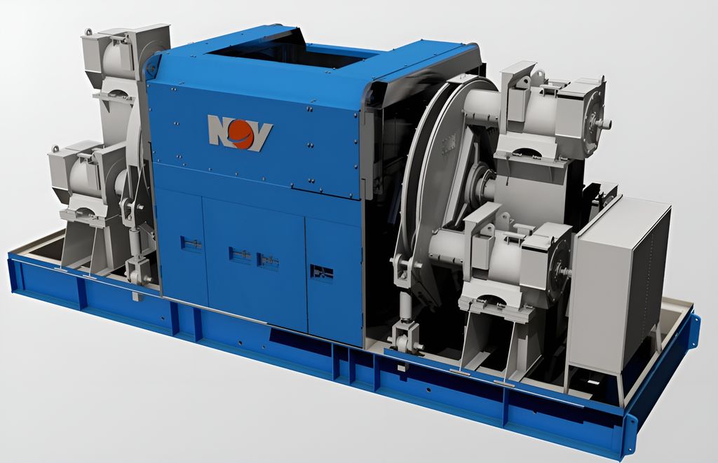 Trommel, motor, gir og bremser til heisespillet. Illustrasjon.