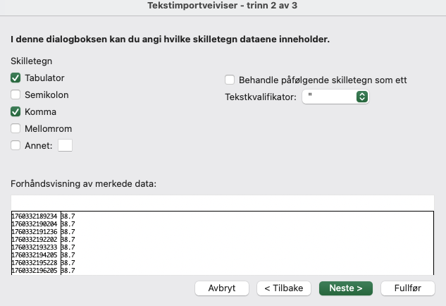 Skjermbilde fra Microsoft Excel som viser fem avkrysningsbokser for ulike typer separering av dataverdier. Typene er: tabulator, semikolon, komma og mellomrom. I tillegg fins det en åpen type med betegnelsen "annet". 