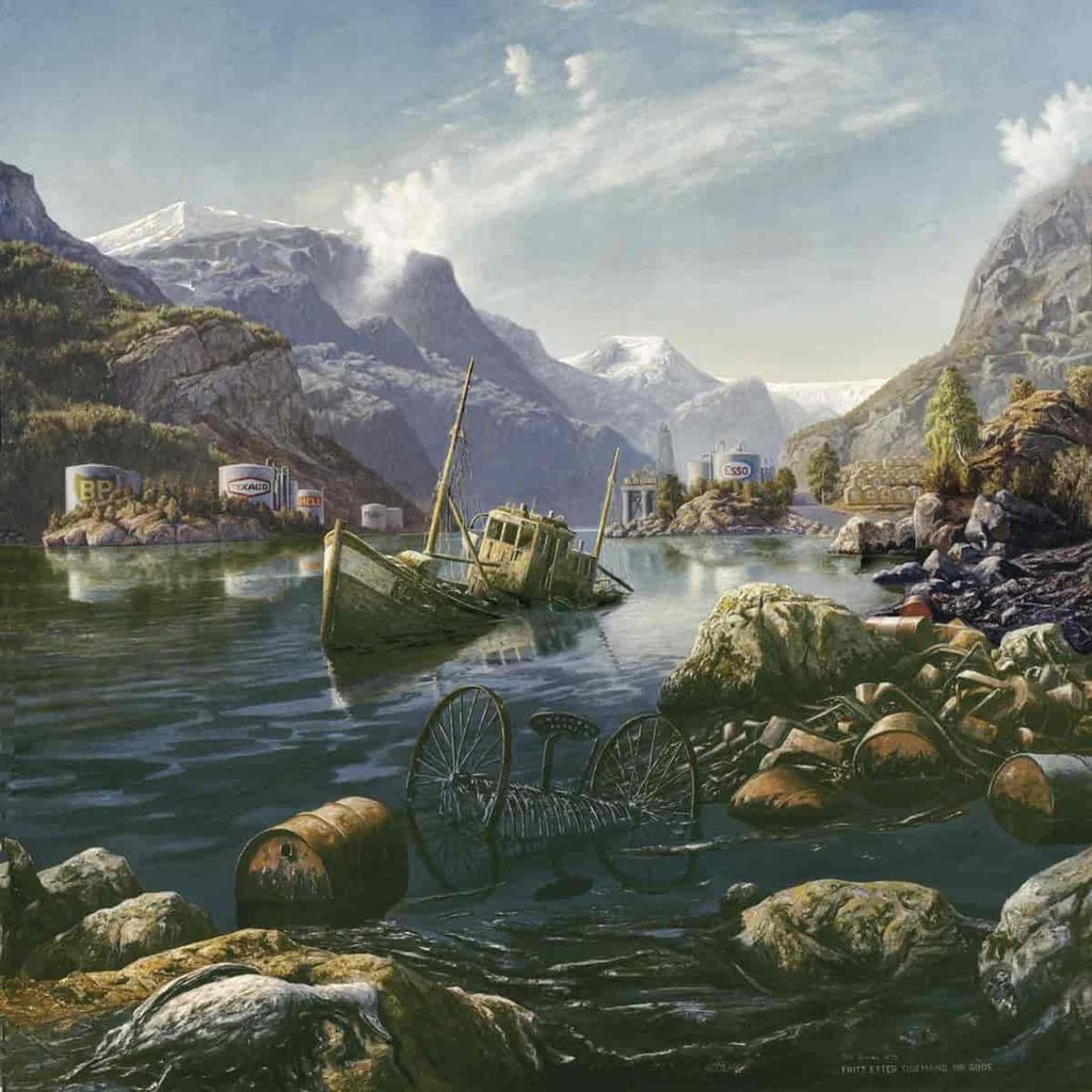 Oljemaleri av et fjellandskap med en oljeplattform og et oljeraffineri i bakgrunnen. Fjorden er full av søppel og oljesøl. Foto.