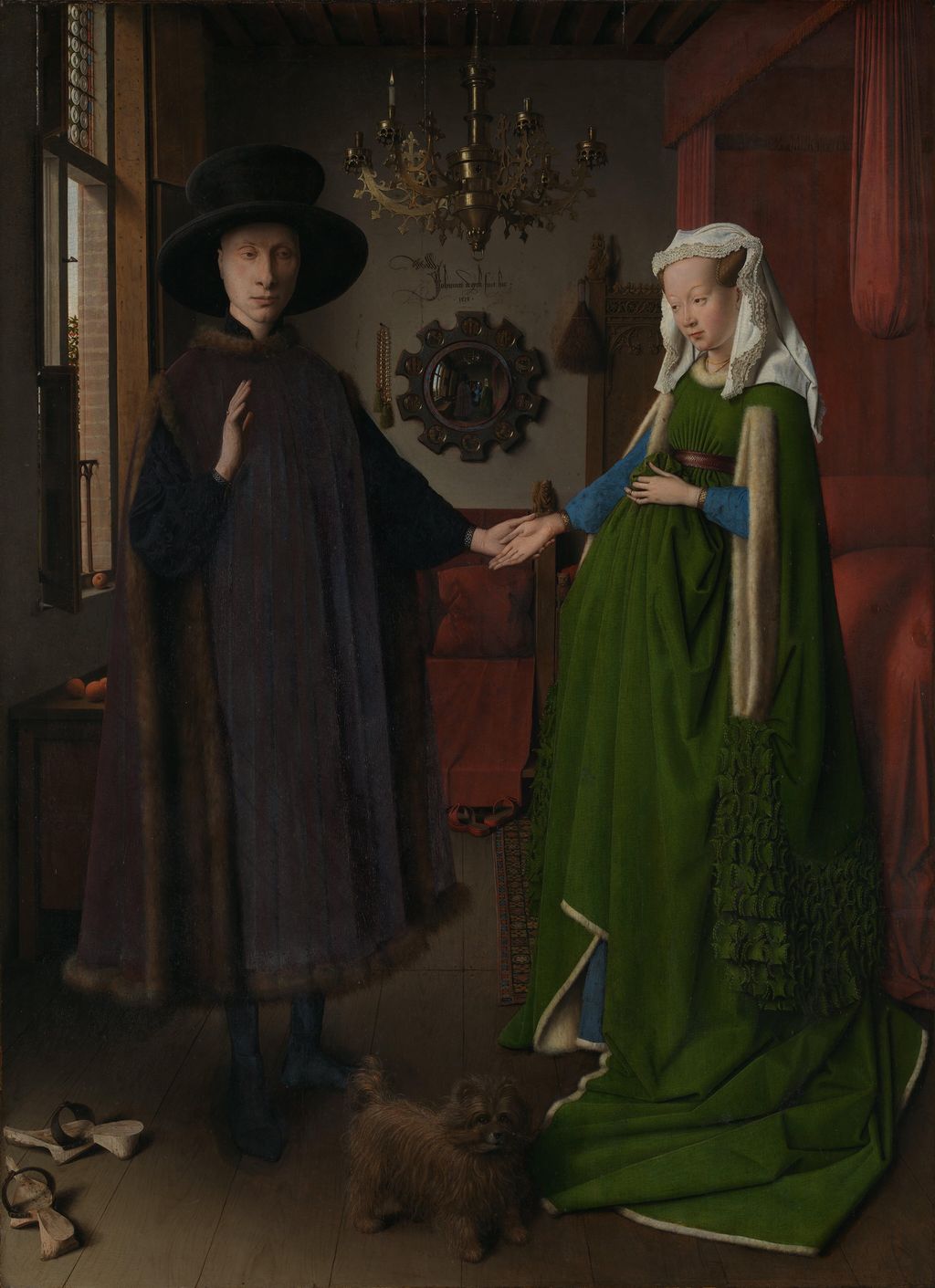 Portrettmaleri av et par i helfigur. Kvinnen har lagt hånden sin i mannens hånd, og han står klar til å legge den andre hånden sin oppå hennes. Rommet de står i, er detaljert gjengitt. En liten hund er også med. Foto.