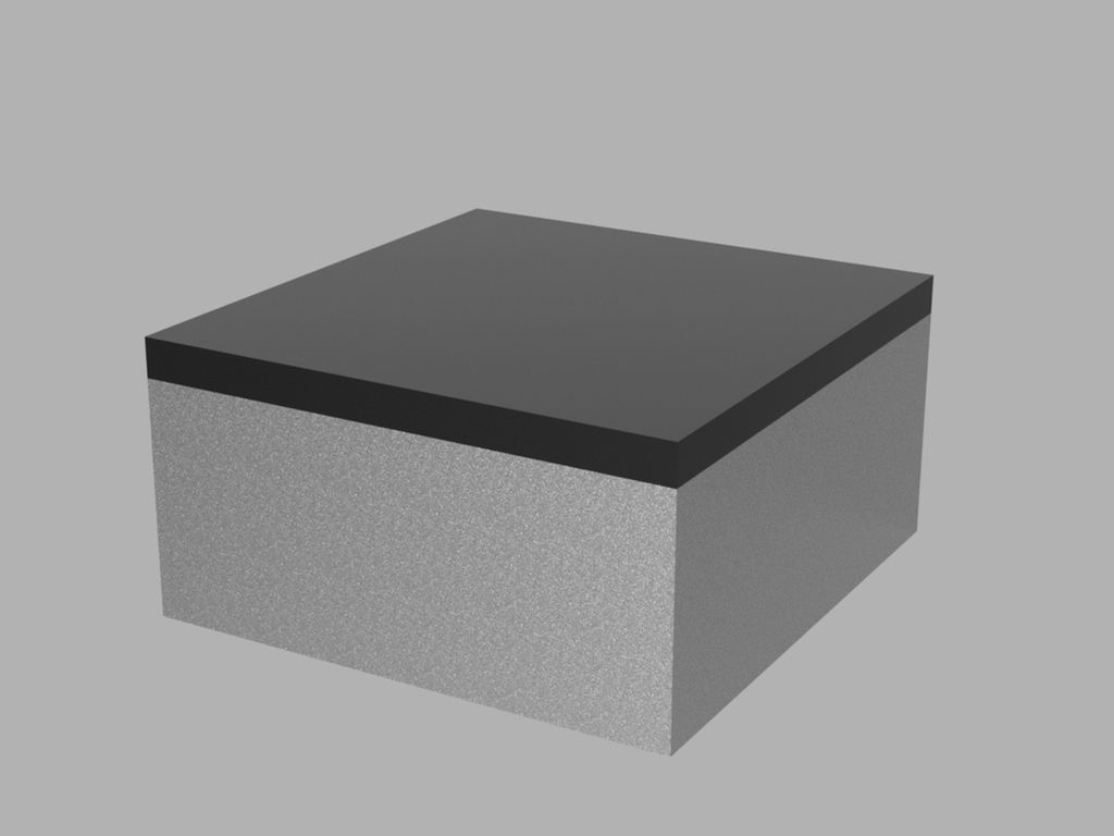 Rektangulær kloss med grå farge. Oversida er farga mørk grå. Illustrasjon.