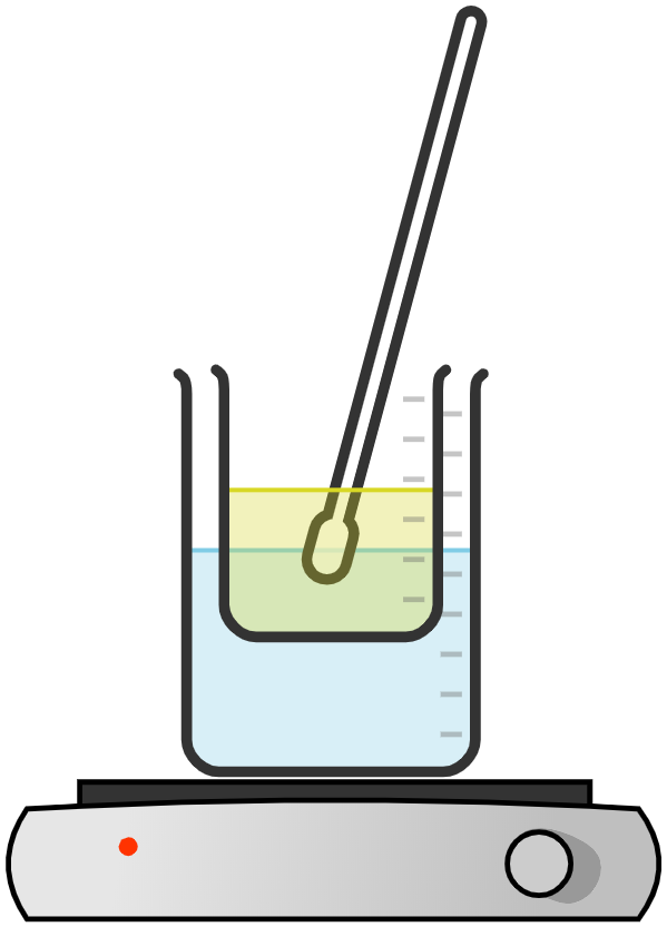 Begerglass i vannbad på kokeplate. Illustrasjon.