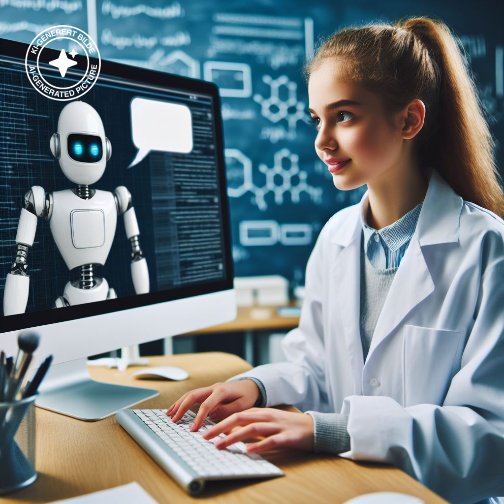 En ung kvinne i labfrakk sitter foran en PC-skjerm og skriver på tastatur. På skjermen er det en robot med snakkeboble. KI-foto.