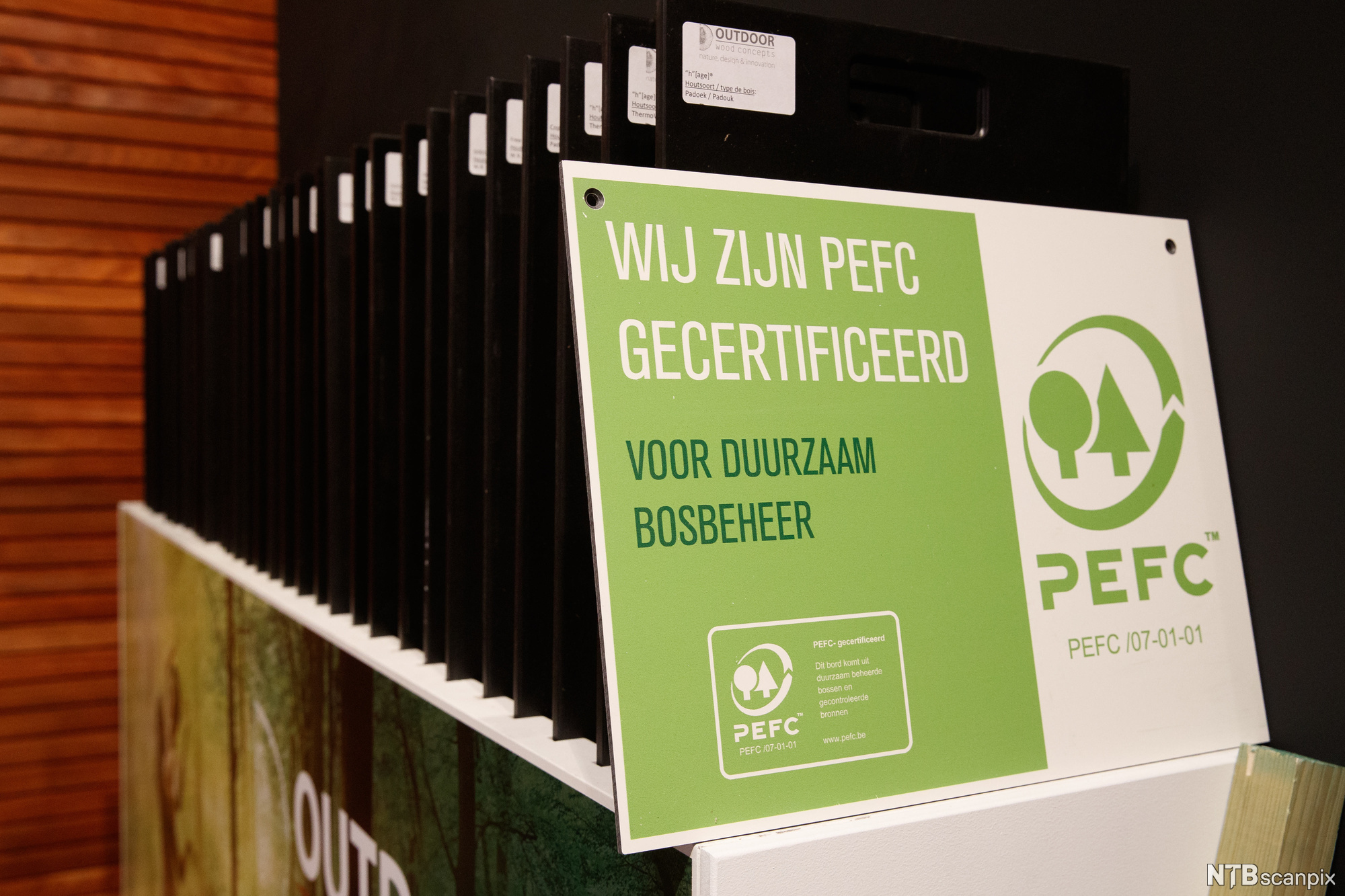 PEFC-logo utstilt foran produkter av trevirke. Foto.