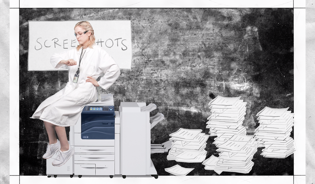 Jente med frakk og vernebriller sit på ein kopimaskin og ventar på utskrifter frå han. Foto og ilustrasjon.