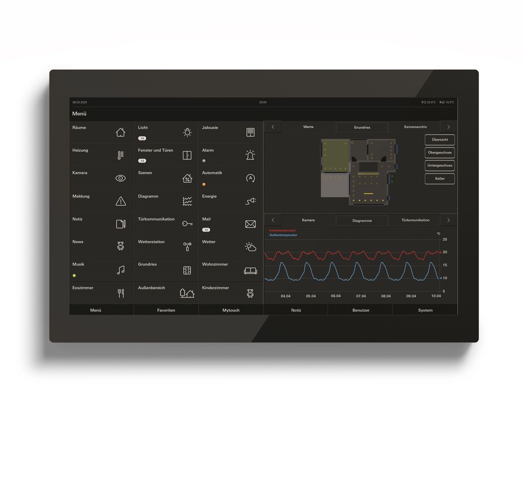 Et svart KNX-kontrollpanel med stor berøringsskjerm. Foto.